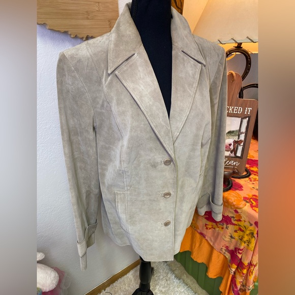 Alfani Woman Suede 100% Leather Button Blazer Jacket Tan Boho Minimalist XL 1X - Picture 2 of 13